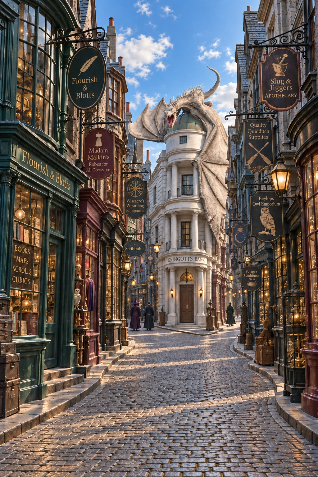 Diagon Alley, with magical shops leading to Gringotts and a dragon on its dome