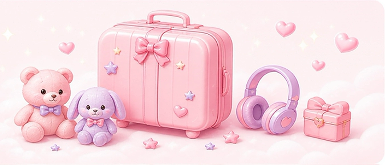 Pink character gift box with plush toys and headphones